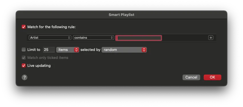 A screenshot of the window to create a new smart playlist in Apple Music on macOS.